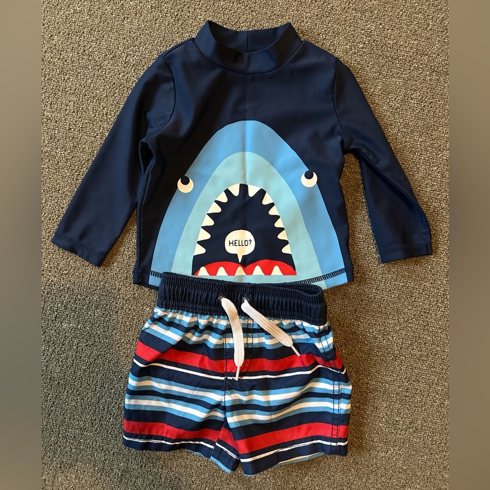 Shark Print Kids Swim Set - Navy and Red